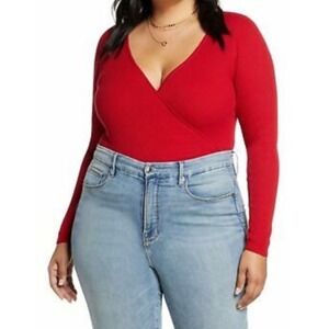 NWT Leith Womens 4X Red Ribbed Knit Long‎ Sleeve Surplice Wrap Top Blouse